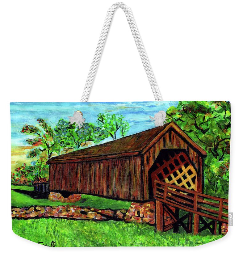 Everett Spruill Weekender Tote Bag featuring the painting Auchumpkee Creek Covered Bridge by Everett Spruill