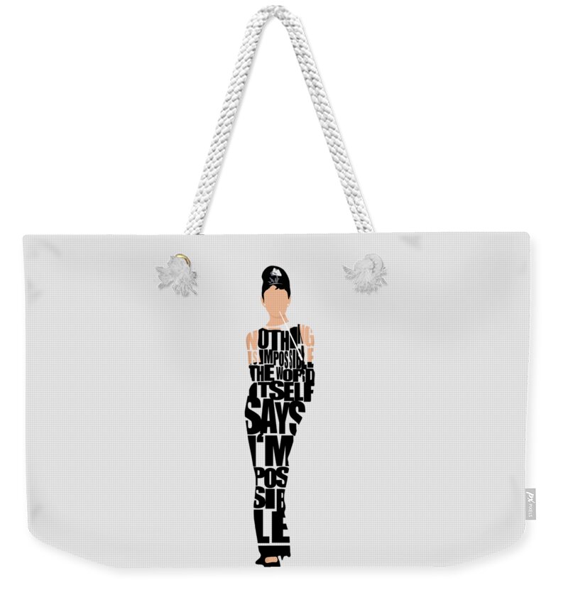 Audrey Hepburn Weekender Tote Bag featuring the digital art Audrey Hepburn Typography Poster by Inspirowl Design