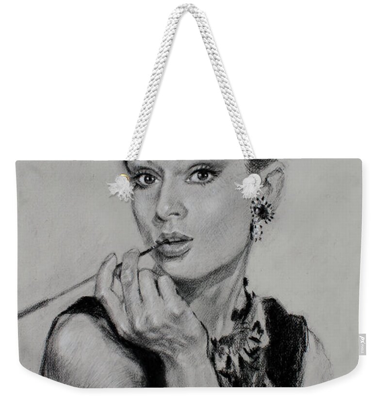 Audrey Hepburn Weekender Tote Bag featuring the drawing Audrey Hepburn by Ylli Haruni