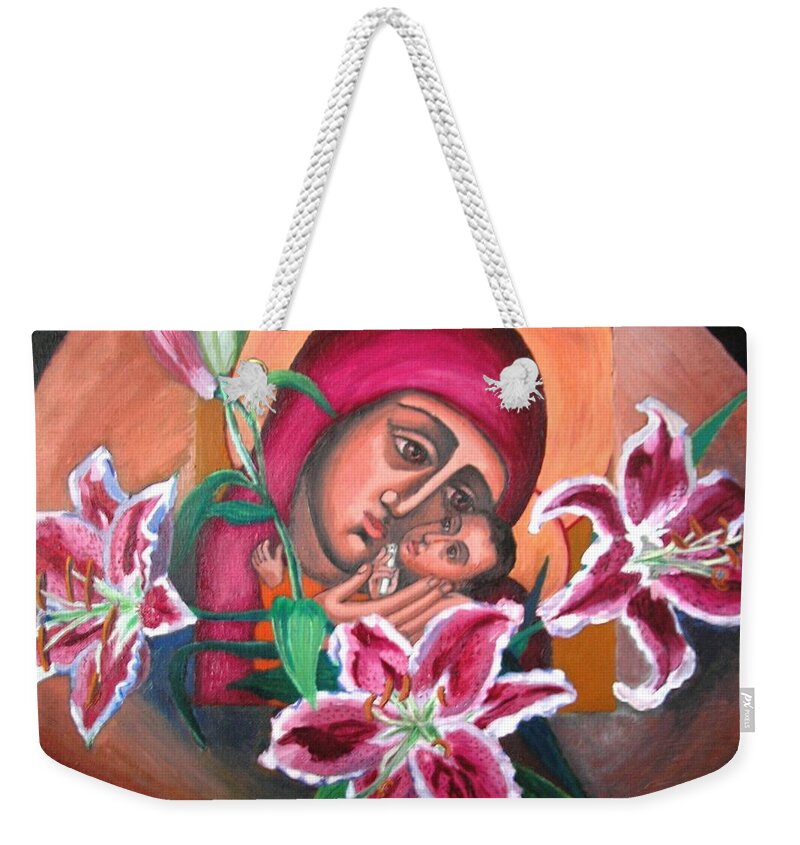 Icon Weekender Tote Bag featuring the painting Aunt Katya's Icon by Vera Smith