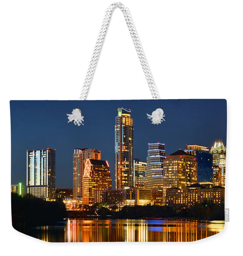 Austin Skyline Weekender Tote Bag featuring the photograph Austin Skyline at Night Color Panorama Texas by Jon Holiday