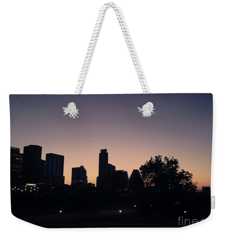 Butler Park Weekender Tote Bag featuring the photograph Austin Skyline Sunrise Into A Crescent Moon by Felipe Adan Lerma