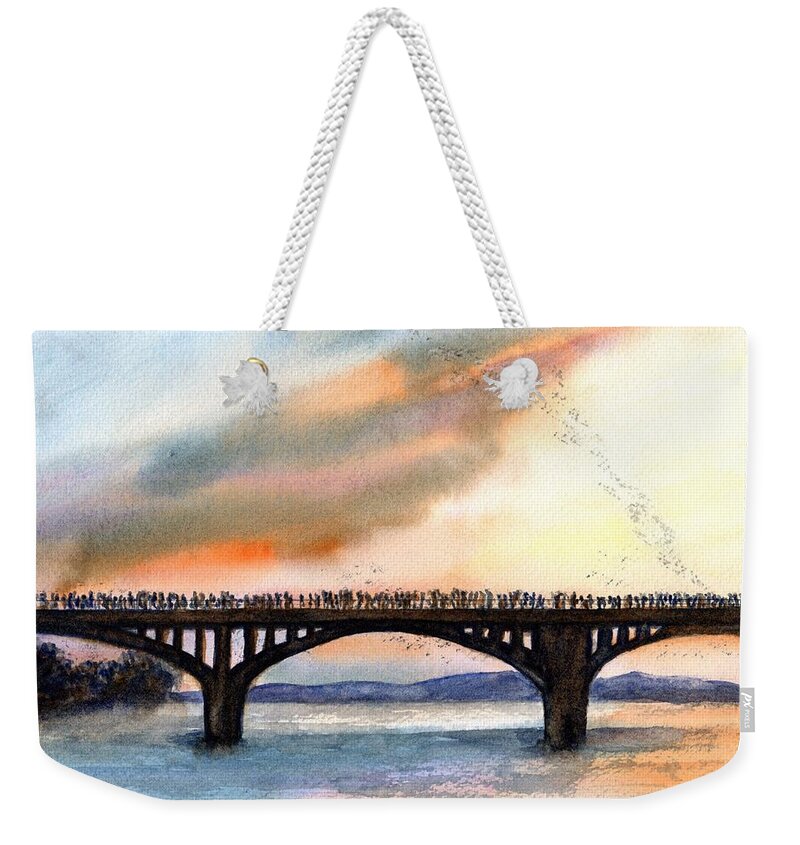 Austin Weekender Tote Bag featuring the painting Austin, TX Congress Bridge Bats by Carlin Blahnik CarlinArtWatercolor