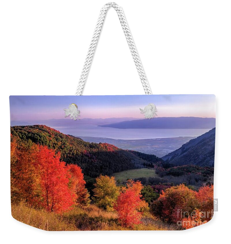 American Fork Canyon Weekender Tote Bag featuring the photograph Autumn Above Utah Lake by Roxie Crouch