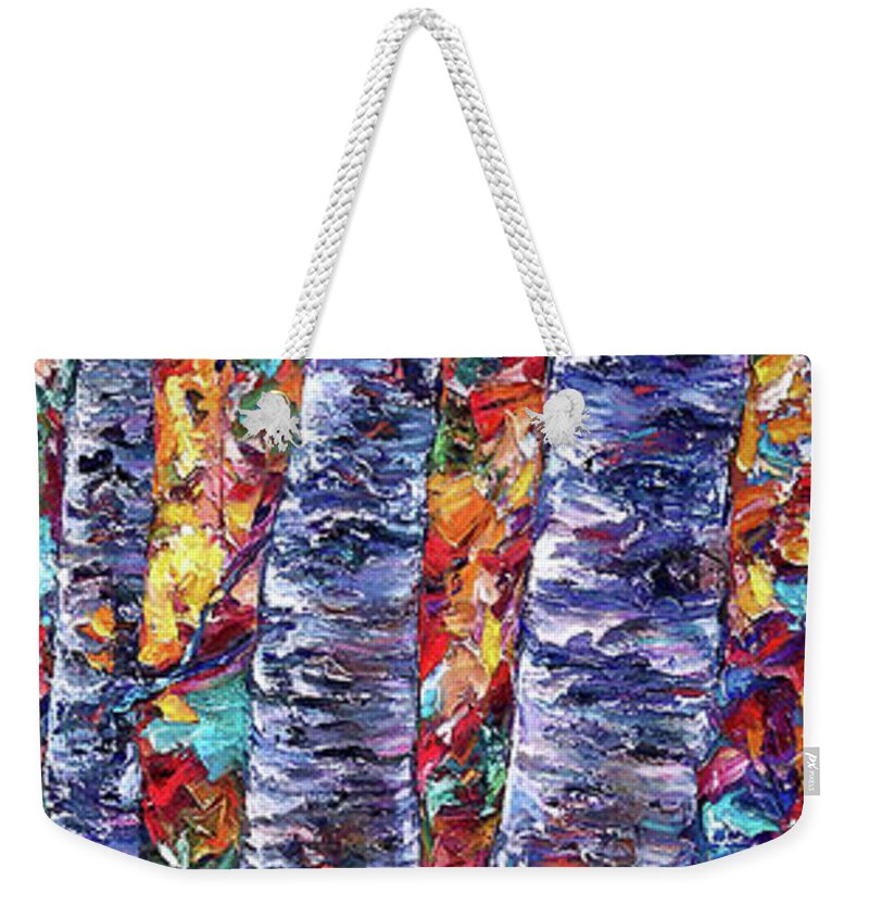  Weekender Tote Bag featuring the painting Autumn Aspen Trees Contemporary Painting by Lena Owens - OLena Art Vibrant Palette Knife and Graphic Design