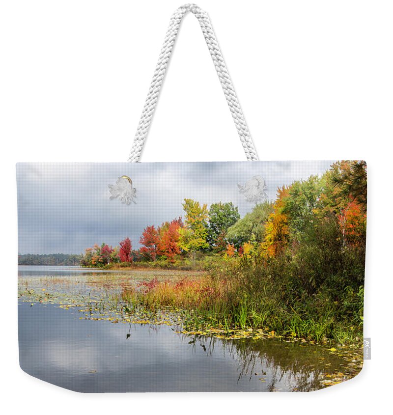 Landscape Weekender Tote Bag featuring the photograph Autumn at the Lake in NH by Betty Denise
