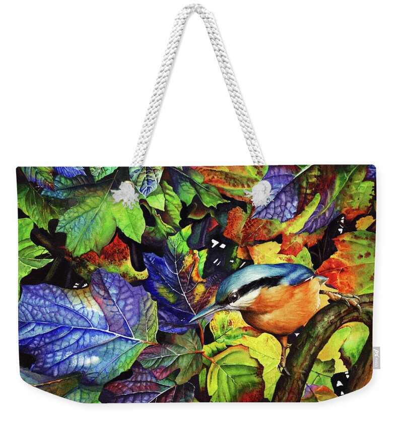 Leaves Weekender Tote Bag featuring the painting Autumn Blues 2 by Peter Williams