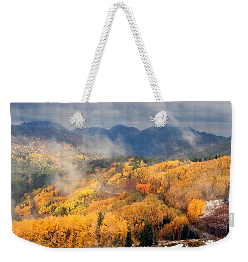 Landscape Weekender Tote Bag featuring the photograph Autumn Color and Fog by Brett Pelletier