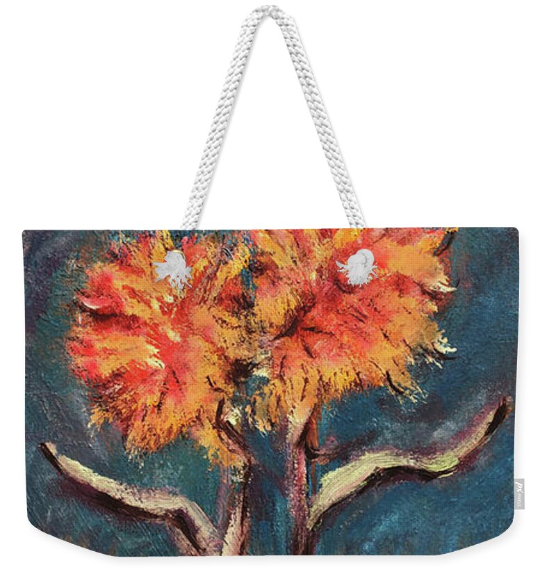 Autumn Feathered Petals Planted Vase Soft Clouds Two Flowers Original Art Oil Painting By Katt Yanda Weekender Tote Bag featuring the painting Autumn Feathered Petals by Katt Yanda
