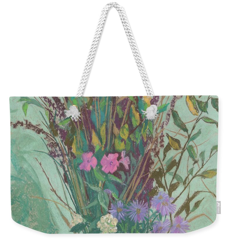 Original Art Weekender Tote Bag featuring the pastel Autumn flowers by Julia Khoroshikh