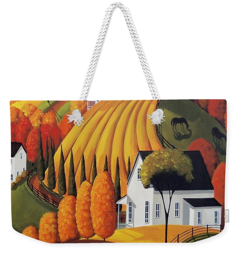 Landscape Weekender Tote Bag featuring the painting Autumn Glory - country modern landscape by Debbie Criswell