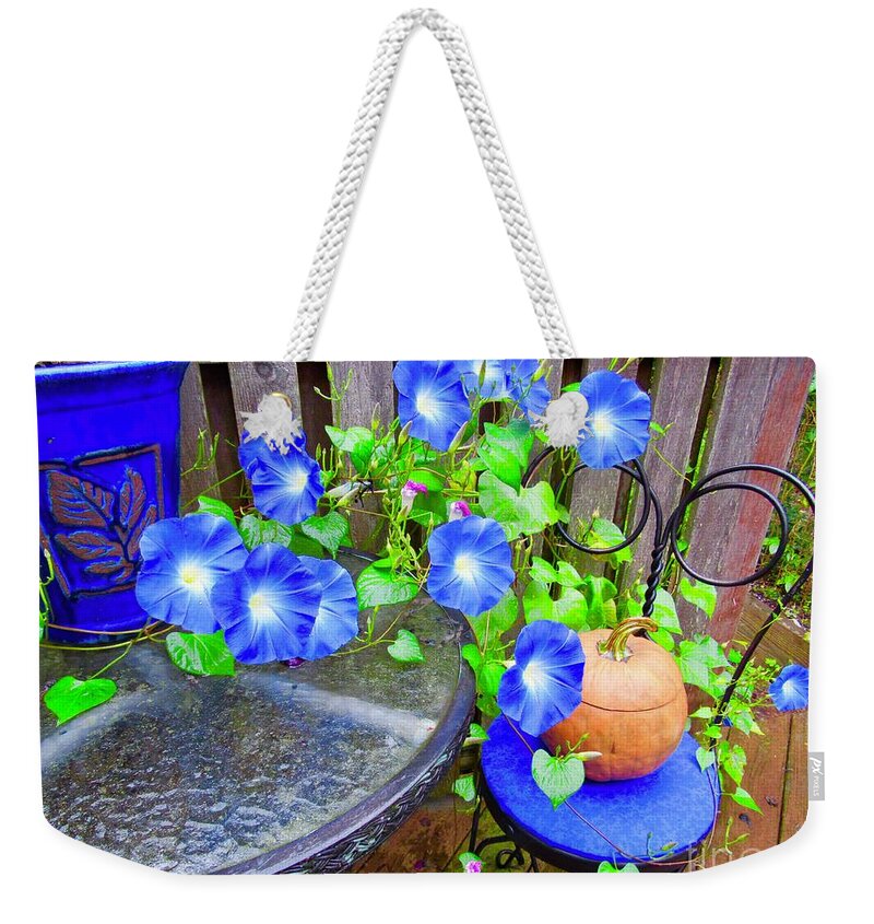 Morning Glories Weekender Tote Bag featuring the photograph Autumn Heavenly Blues by Nancy Patterson