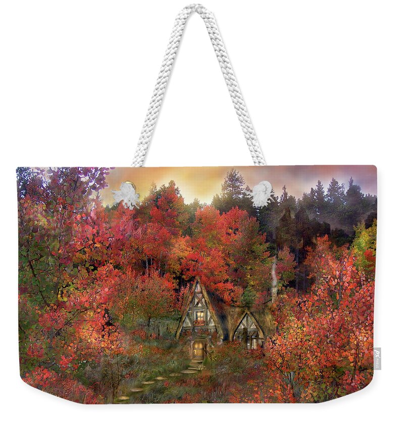 Autumn Weekender Tote Bag featuring the mixed media Autumn Hideaway by Carol Cavalaris