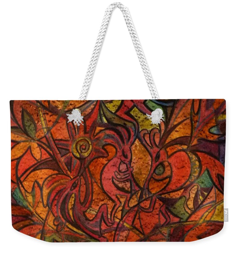 Kokopelli Weekender Tote Bag featuring the drawing Autumn Kokopelli by Anna Duyunova