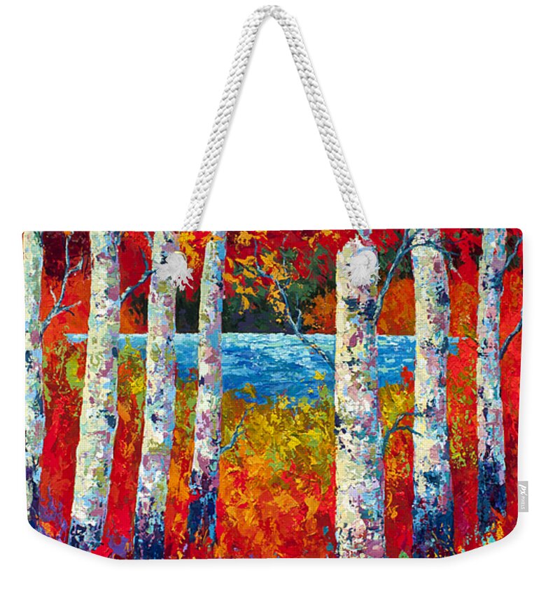 Birch Weekender Tote Bag featuring the painting Autumn Lyrics by Marion Rose