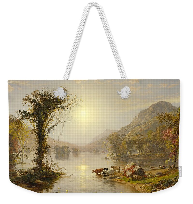 Autumn On Greenwood Lake By Jasper Francis Cropsey Weekender Tote Bag featuring the painting Autumn on Greenwood Lake by Jasper