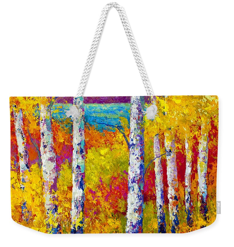 Birch Weekender Tote Bag featuring the painting Autumn Patchwork by Marion Rose