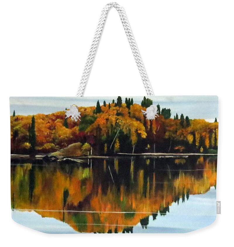 Reflection Weekender Tote Bag featuring the painting Autumn Showcase by Marilyn McNish