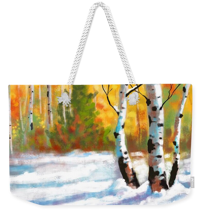 Autumn Weekender Tote Bag featuring the digital art Autumn Snow by David G Paul