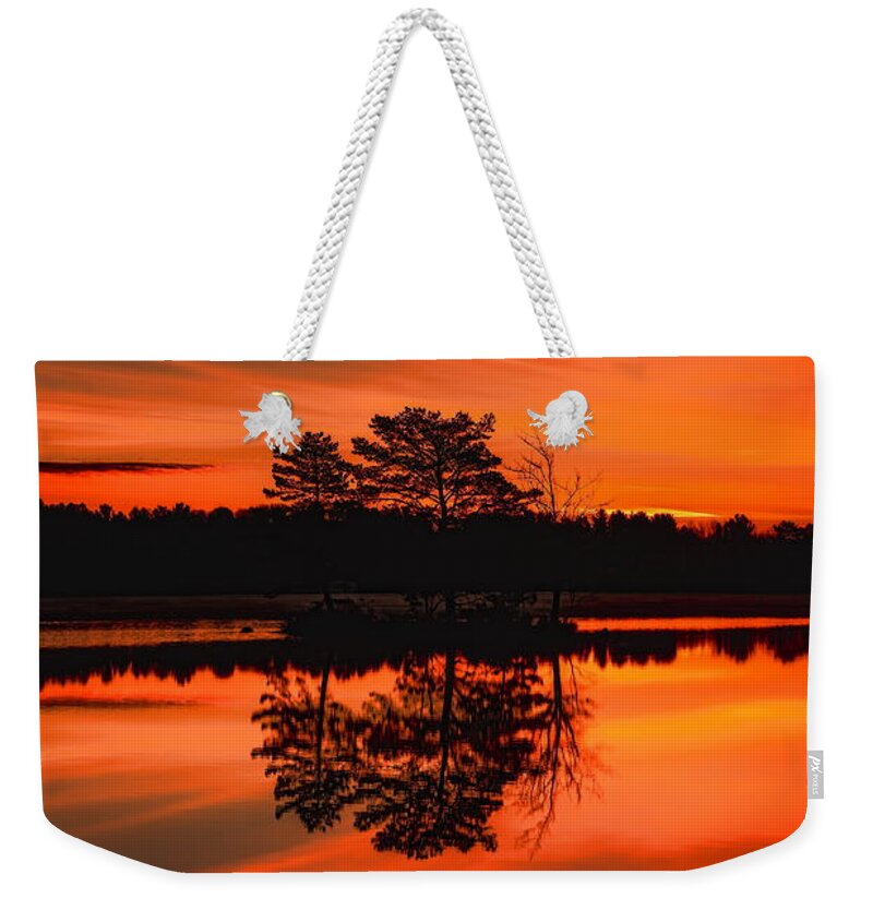 Upnorth Weekender Tote Bag featuring the photograph Autumn Sunrise Over Boom Lake by Dale Kauzlaric