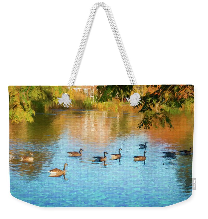 Geese Weekender Tote Bag featuring the photograph Autumn Swim by Cathy Kovarik