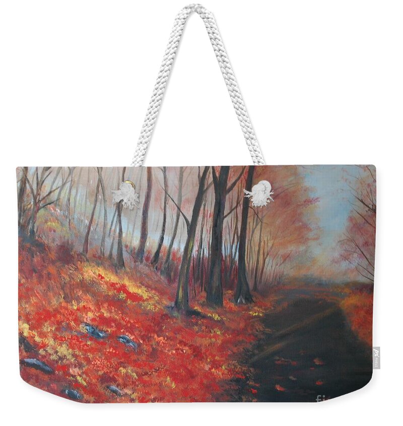 Painting Weekender Tote Bag featuring the painting Autumns Pathway by Leslie Allen