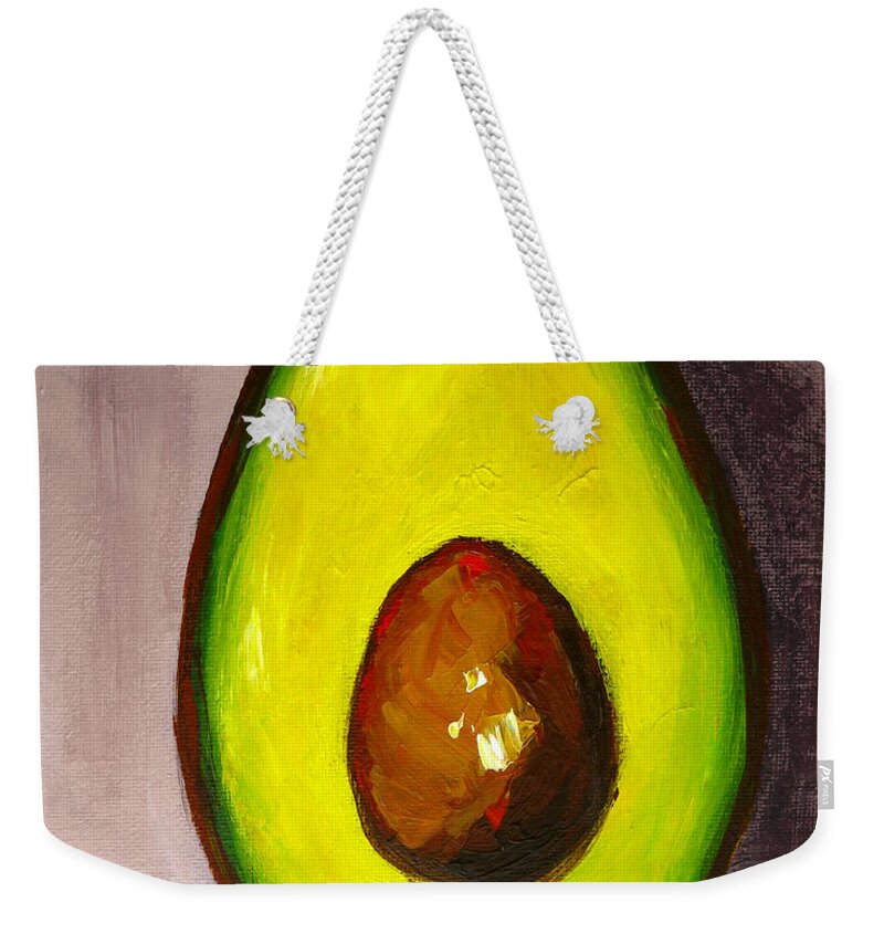 Modern Avocado Art Weekender Tote Bag featuring the painting Avocado, Modern Art, kitchen decor, sepia background by Patricia Awapara