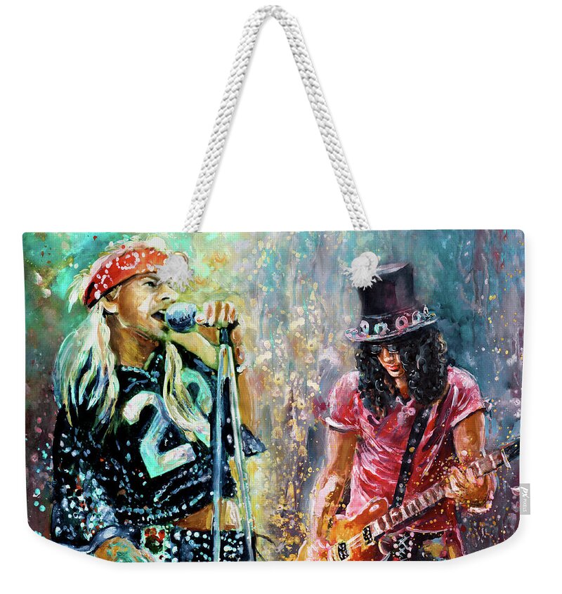 Music Weekender Tote Bag featuring the painting Axl Rose And Slash by Miki De Goodaboom