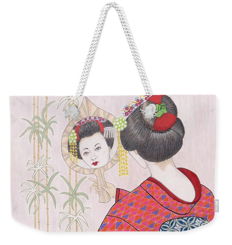 Geisha Weekender Tote Bag featuring the drawing Ayano -- Portrait of Japanese Geisha Girl by Jayne Somogy