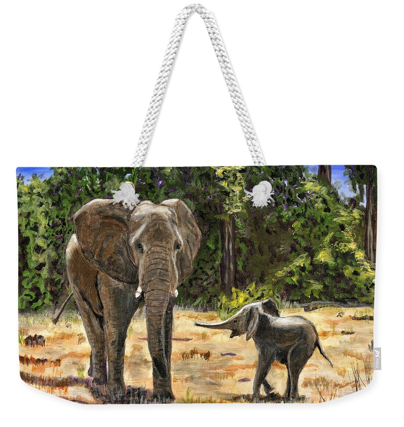 Africa Weekender Tote Bag featuring the painting Baby and Mom Elephant Painting by Timothy Hacker