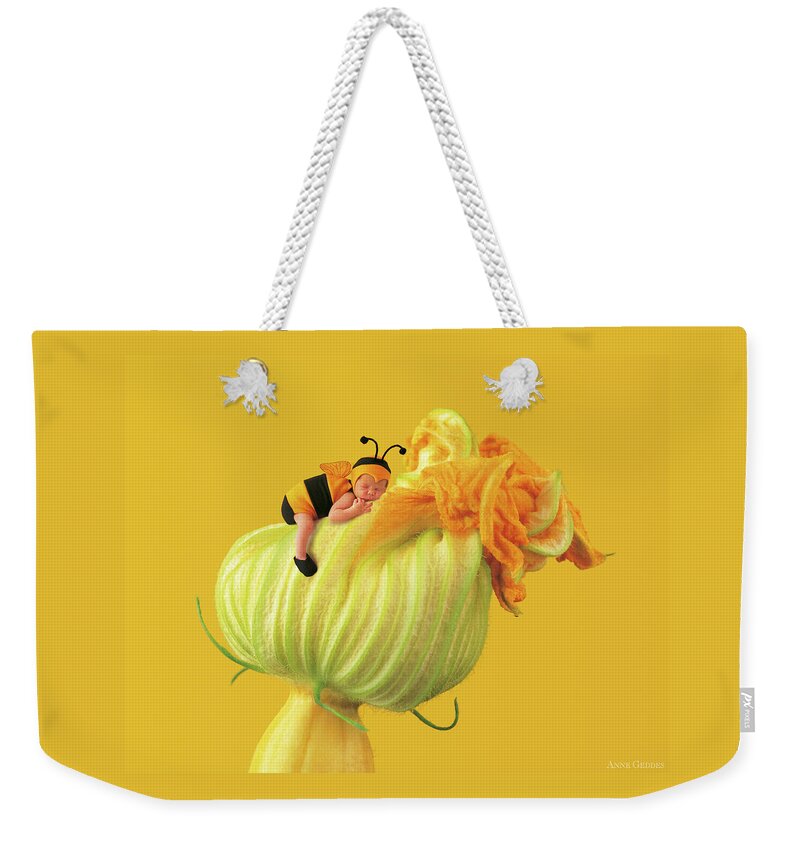 Yellow Weekender Tote Bag featuring the photograph Baby Bee on a Pumpkin Flower by Anne Geddes