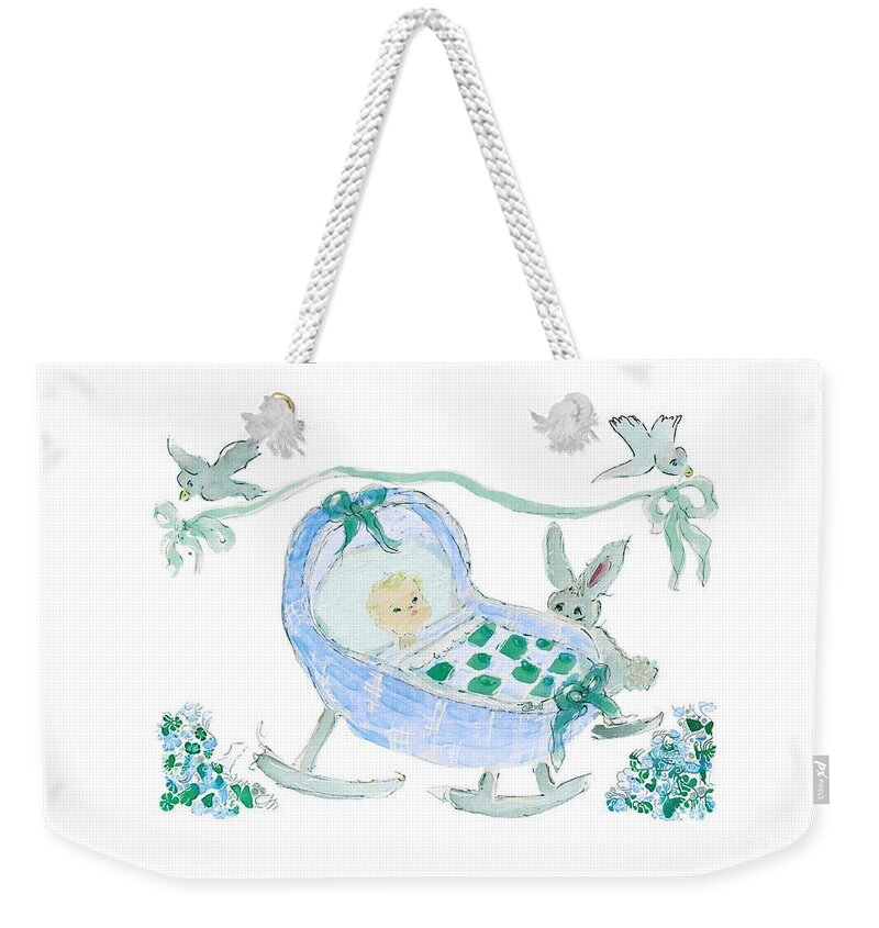 Boy Weekender Tote Bag featuring the painting Baby Boy with Bunny and Birds by Claire Bull