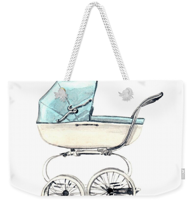 Baby Carriage Weekender Tote Bag featuring the painting Baby Carriage in Blue - Vintage Pram English by Laura Row