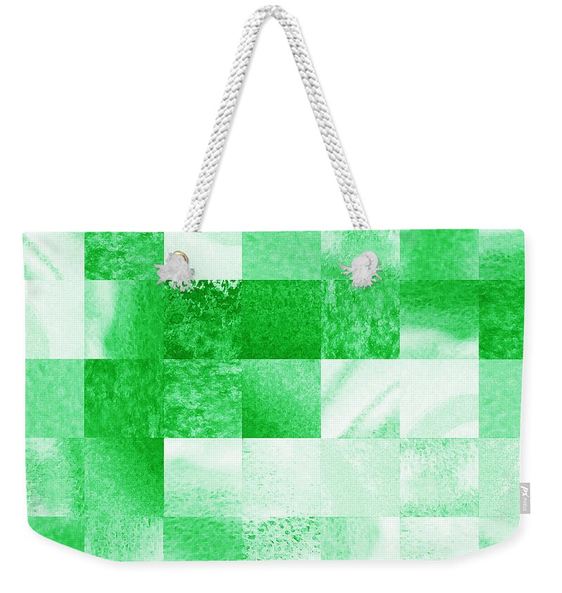 Green Weekender Tote Bag featuring the painting Baby Green Marble Quilt III by Irina Sztukowski