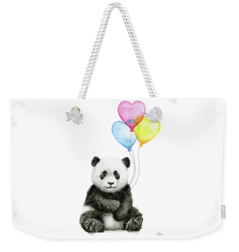 Baby Panda Weekender Tote Bag featuring the painting Baby Panda with Heart-Shaped Balloons by Olga Shvartsur