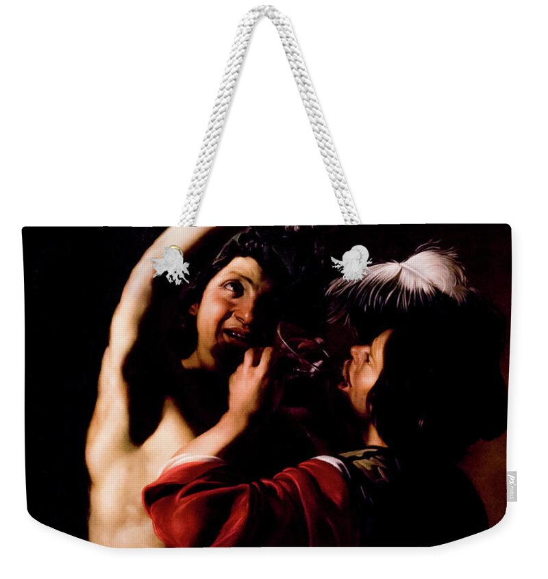 Bacchus And A Drinker Weekender Tote Bag featuring the photograph Bacchus and a Drinker - Manfredi by Weston Westmoreland
