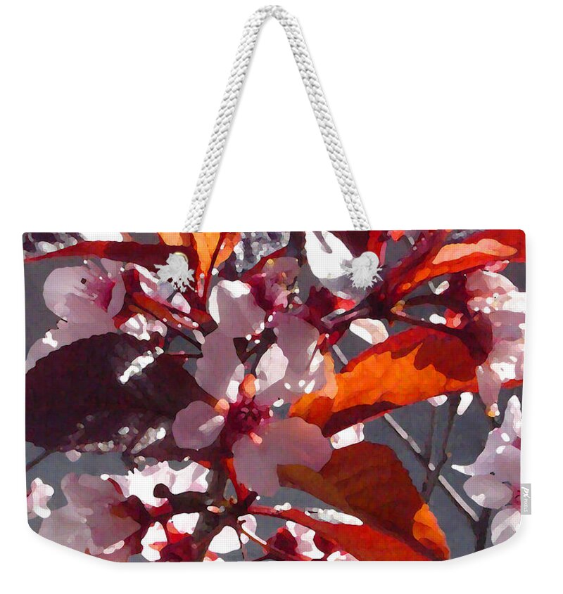 Floral Weekender Tote Bag featuring the painting Backlit Pink Tree Blossoms by Amy Vangsgard