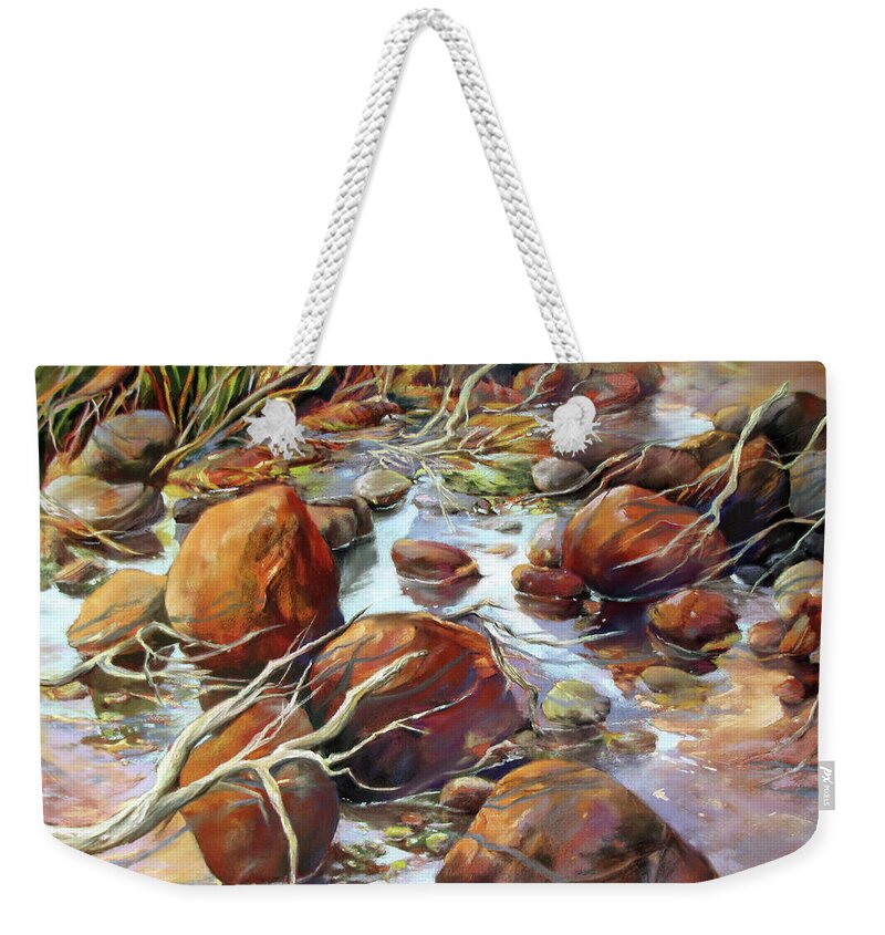 Seascape Weekender Tote Bag featuring the painting Backwater Sticks and Stones by Rae Andrews