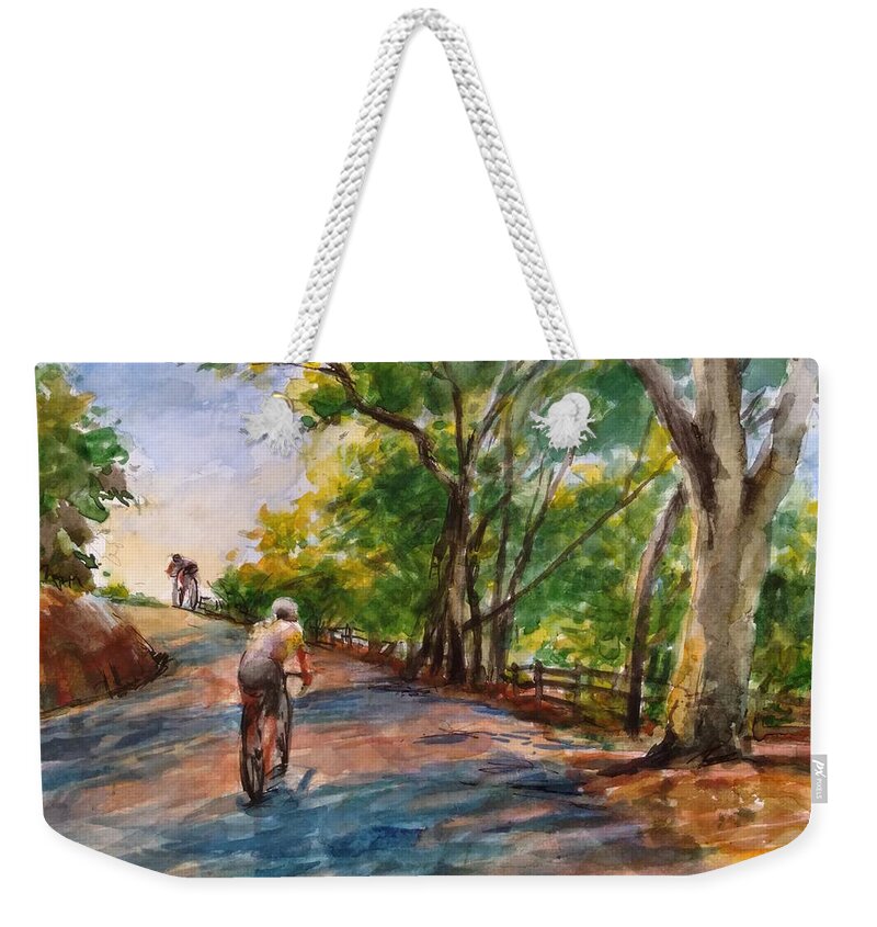 California Weekender Tote Bag featuring the painting Backwoods Pedaling by Peter Salwen