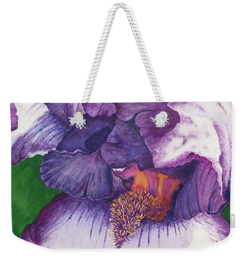 Iris Weekender Tote Bag featuring the painting Backyard Beauty by Lori Taylor