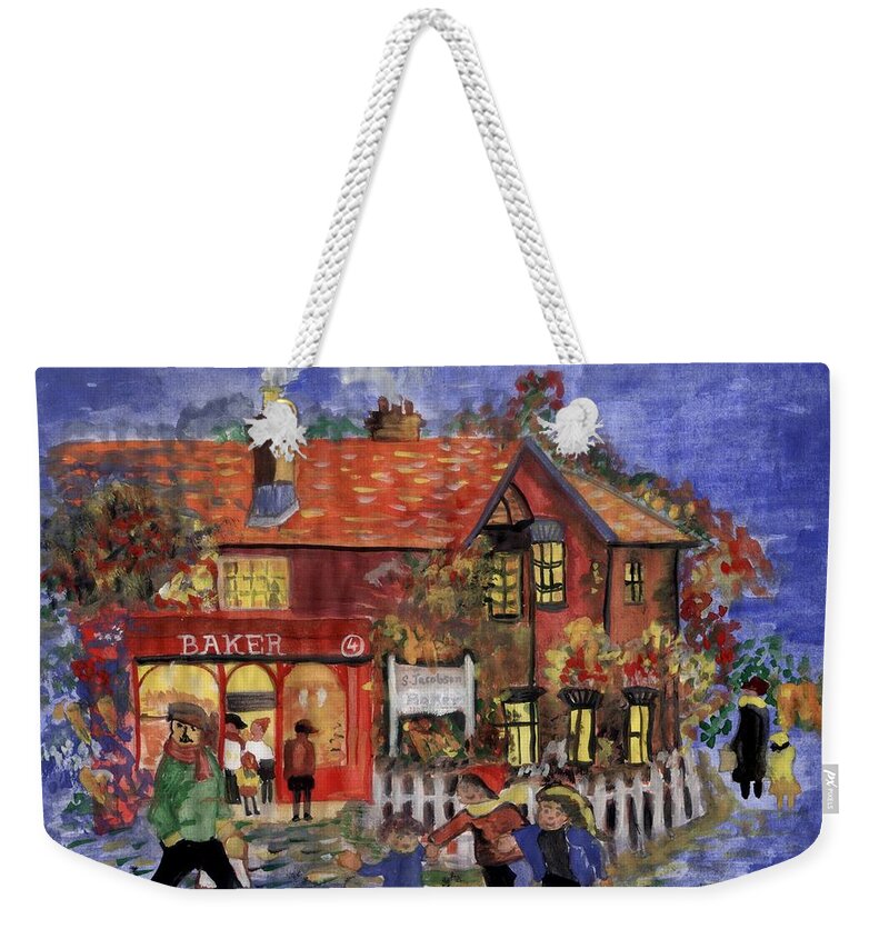 Holidayart Weekender Tote Bag featuring the painting Bakers Inn Winter Holiday Landscape by Manjiri Kanvinde