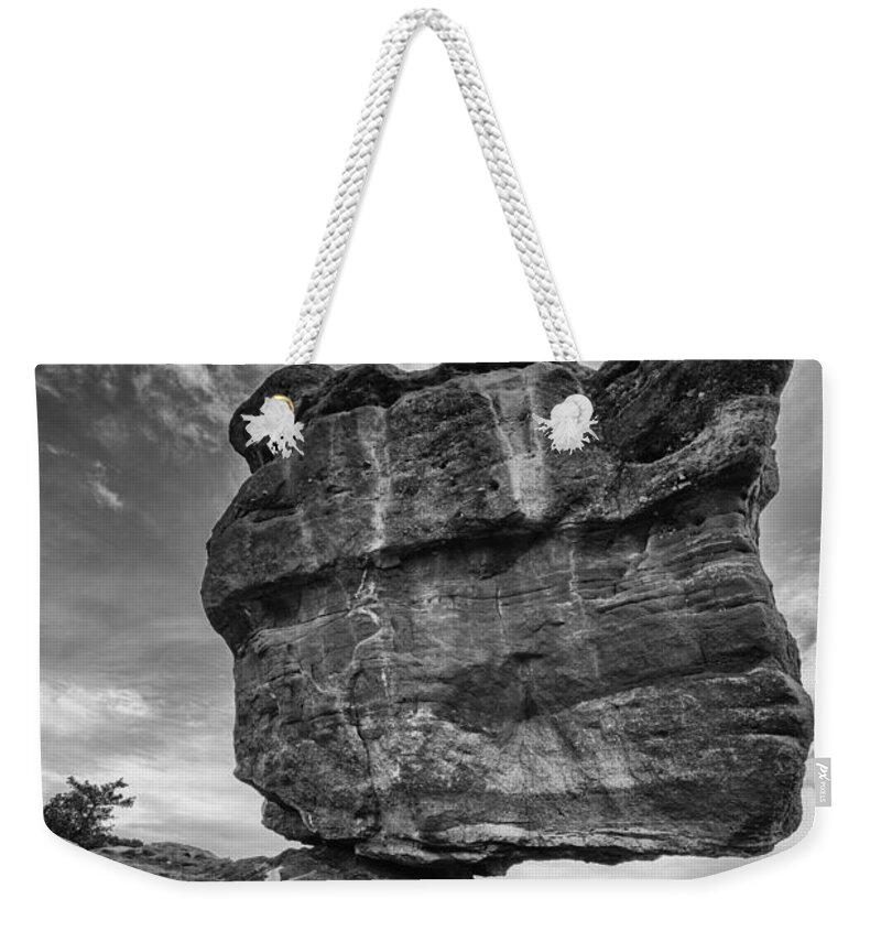 Sky Weekender Tote Bag featuring the photograph Balanced Rock Monochrome by Darren White