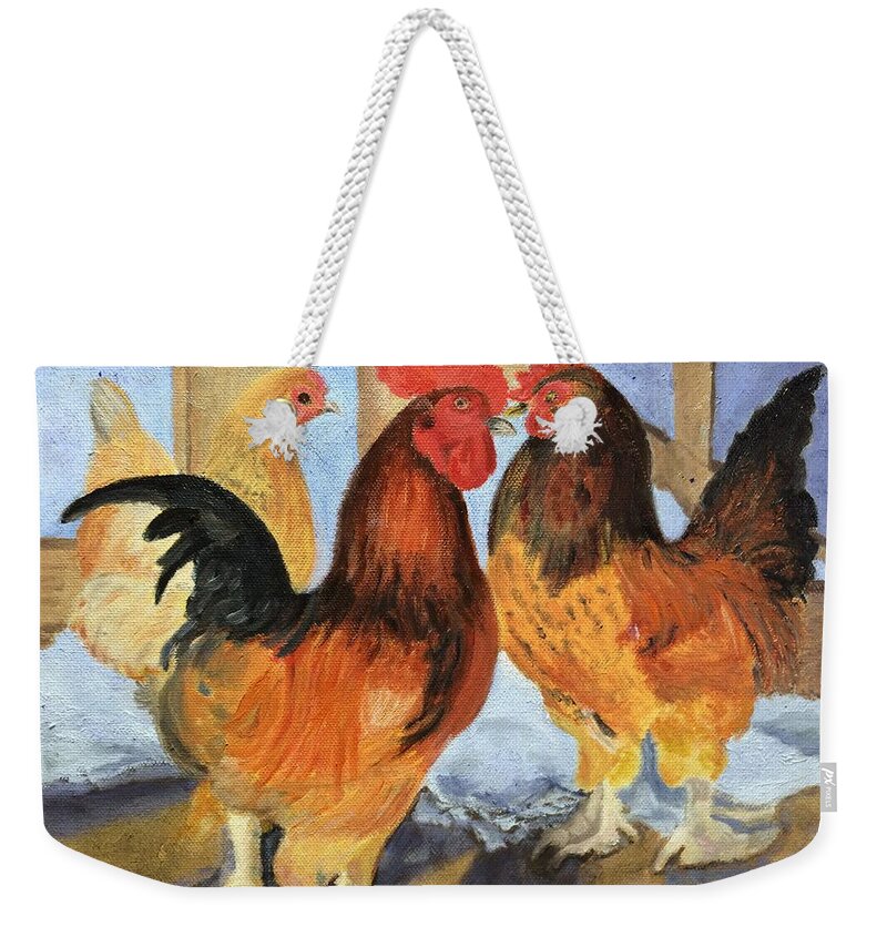 Chickens Weekender Tote Bag featuring the painting Banties First Snow by Paula Emery