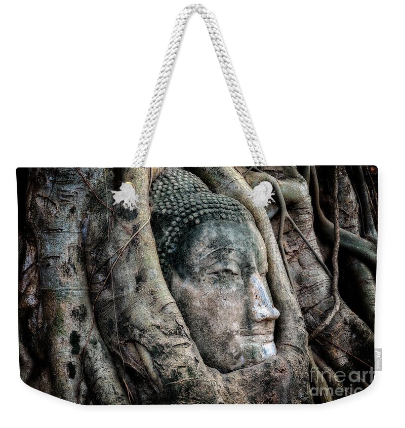 Wat Mahathat Weekender Tote Bag featuring the photograph Banyan Tree Buddha by Adrian Evans
