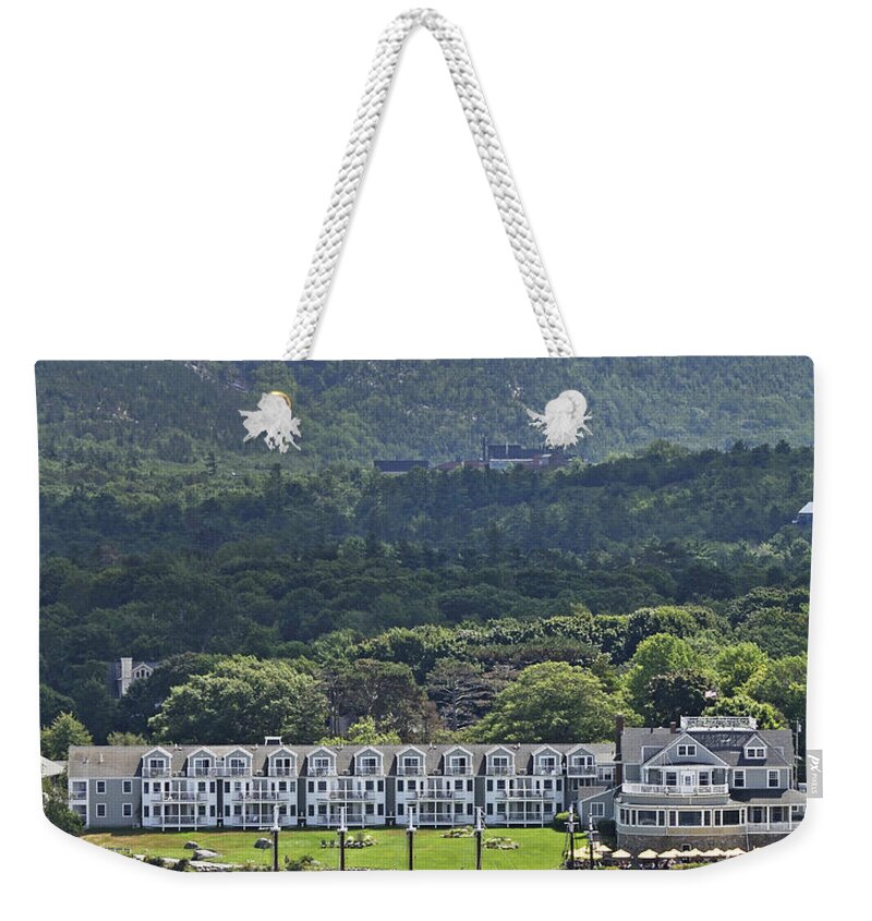 champlain Mountain Weekender Tote Bag featuring the photograph Bar Harbor Inn beneath Champlain Mountain - Maine by Brendan Reals