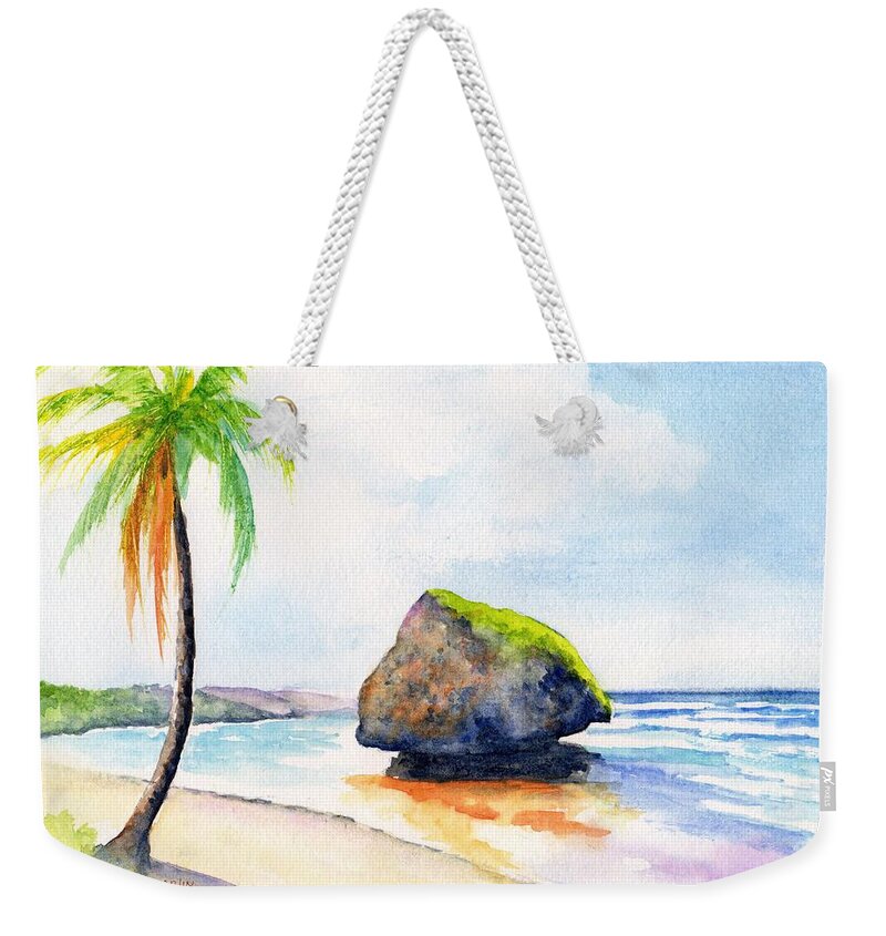 Bathsheba Beach Weekender Tote Bag featuring the painting Barbados Bathsheba Beach Watercolor by Carlin Blahnik CarlinArtWatercolor