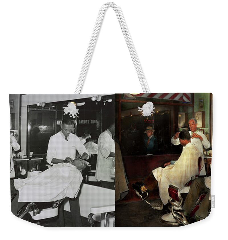 Barber Art Weekender Tote Bag featuring the photograph Barber - A time honored tradition 1941 - Side by Side by Mike Savad