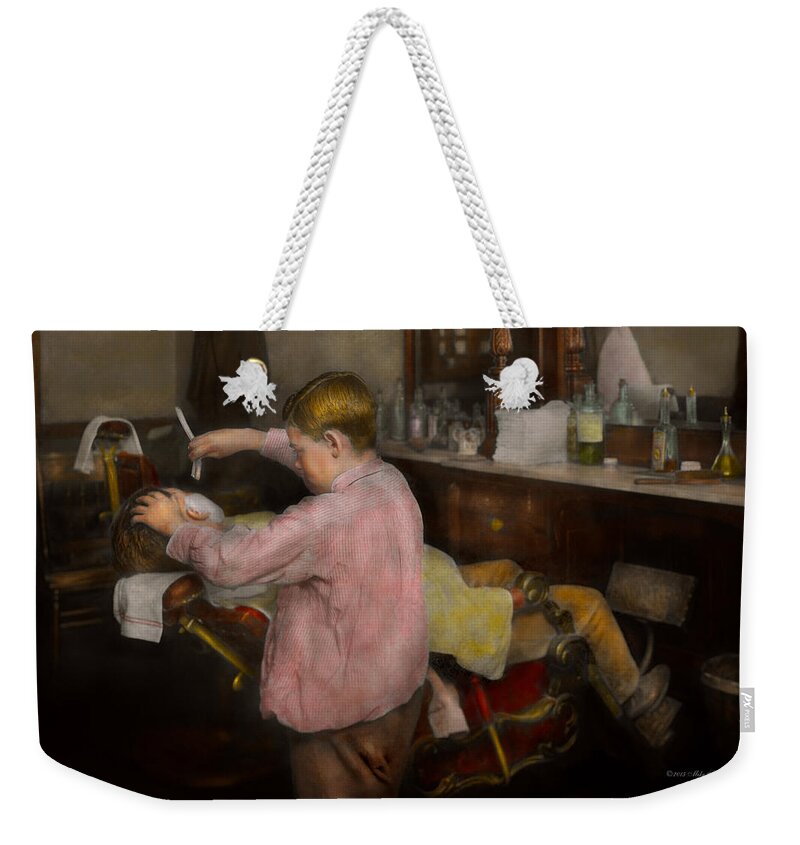 Child Labor Weekender Tote Bag featuring the photograph Barber - Shaving - Faith in a child - 1917 by Mike Savad