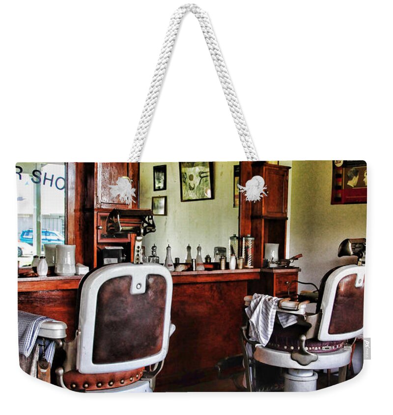Paul Ward Weekender Tote Bag featuring the photograph Barber - Two Chairs No Waiting by Paul Ward