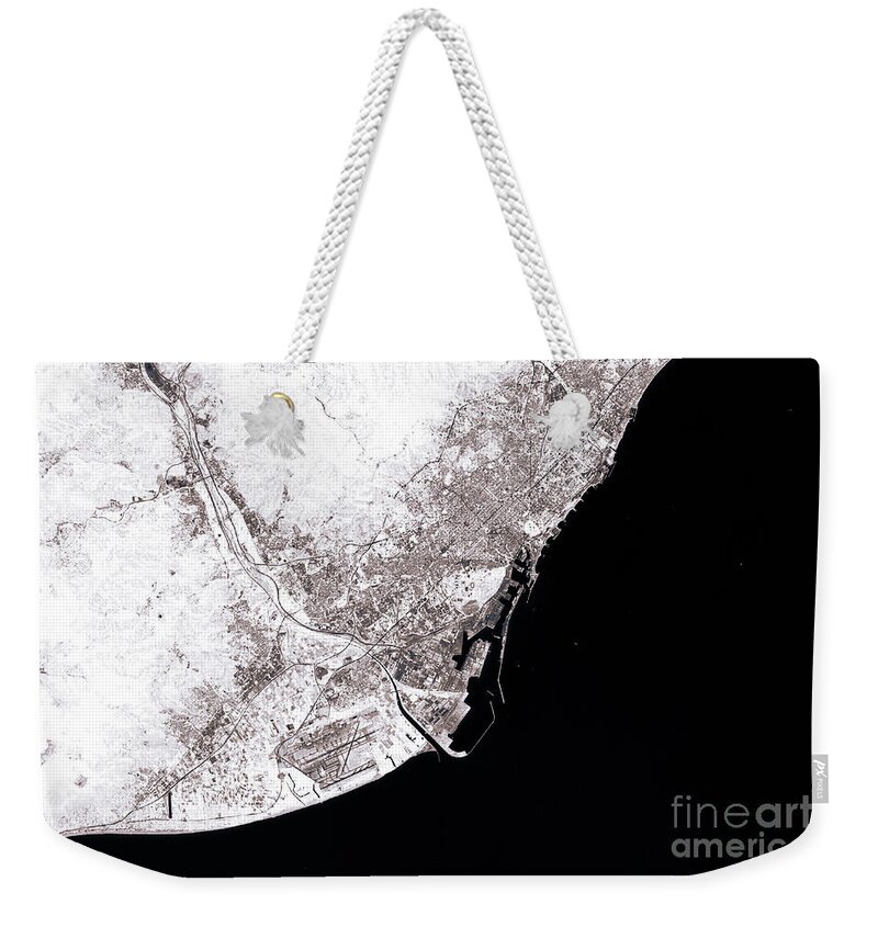 Barcelona Weekender Tote Bag featuring the digital art Barcelona Abstract City Map Black And White by Frank Ramspott